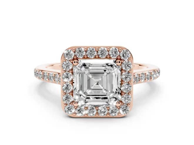 Asscher Cut Diamond Halo Engagement Ring Set in Rose gold with Round Pavé Shoulders and Heart Gallery