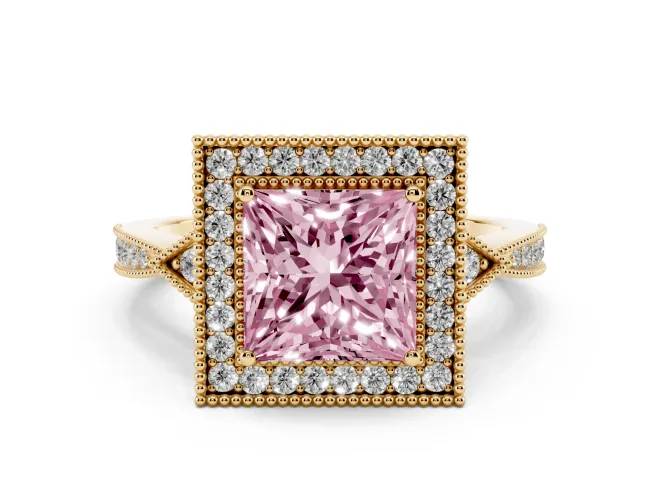Princess Cut Milgrain Halo Engagement Ring Setting for a Fancy Pink Lab-Grown Diamond | Graduated Pavé | Yellow Gold