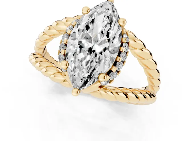 Marquise Cut Diamond Halo Ring Set in Yellow gold with Twisted Band and Prong Setting – second view