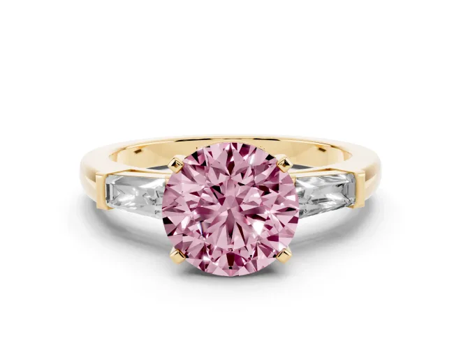 Round Three Stone Engagement Ring Setting for a Fancy Pink Lab-Grown Diamond | Tapered Baguettes | Yellow Gold
