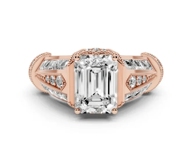 Emerald Cut Diamond Vintage-Inspired Milgrain Ring Set in Rose gold with Accent Split Shank