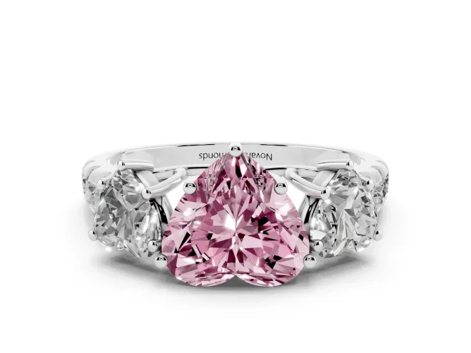 Fancy Pink Heart Cut Diamond Three-Stone Ring Set in Silver with Pavé Band