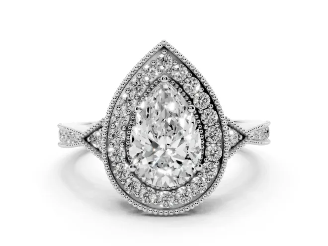 Pear Cut Diamond Halo Engagement Ring Set in White gold with Milgrain Pavé Band