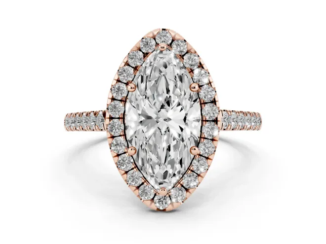 Marquise Cut Diamond Halo Pavé Engagement Ring Set in Rose gold with Prong Setting