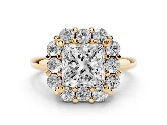 Princess Cut Cluster Halo Engagement Ring Setting | Large Round Accents | Yellow Gold
