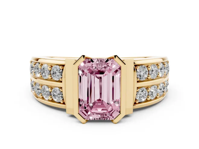 Emerald Cut Half Bezel Engagement Ring Setting for a Fancy Pink Lab-Grown Diamond | Channel Band | Yellow Gold