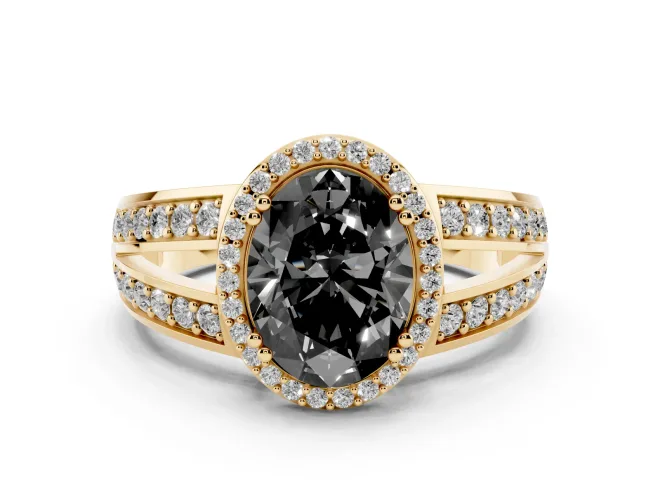 Oval Halo Engagement Ring Setting for a Black Center | Two-Row Pavé Split Shank | Yellow Gold