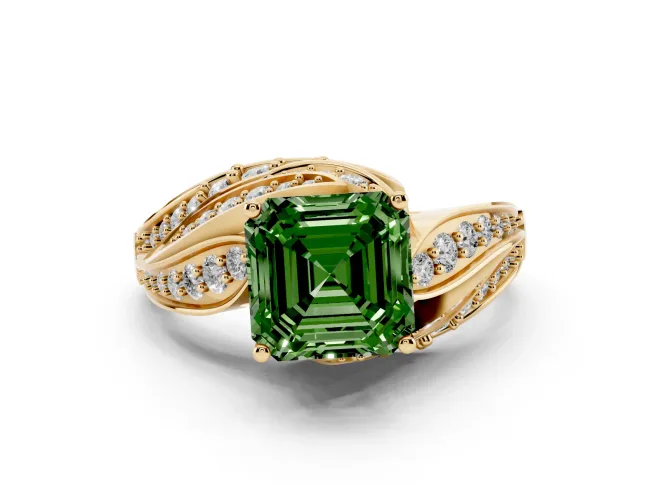 Asscher Cut Bypass Pavé Engagement Ring Setting for a Fancy Green Lab-Grown Diamond | Graduated Pavé | Yellow Gold