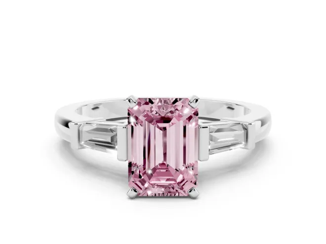 Emerald Cut Three-Stone Engagement Ring Setting for a Fancy Pink Lab-Grown Diamond | Tapered Baguettes | White Gold