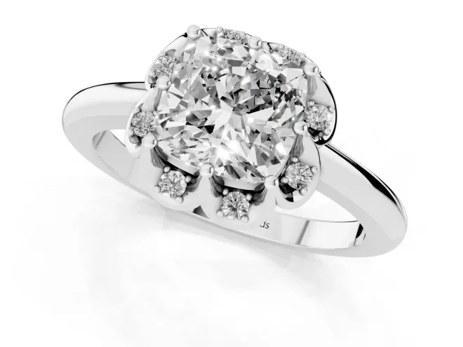 Cushion Cut Diamond Round Cluster Halo Ring Set in White gold with Solitaire Band and Prong Setting – second view