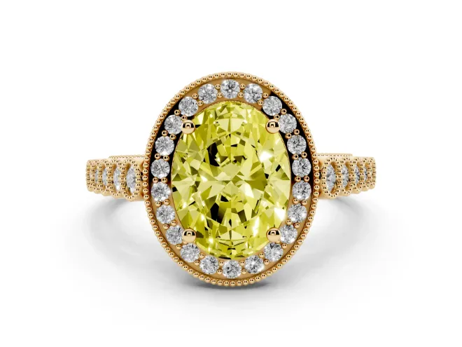 Oval Milgrain Halo Engagement Ring Setting for a Fancy Yellow Lab-Grown Diamond | Graduated Bezel Accents | Yellow Gold