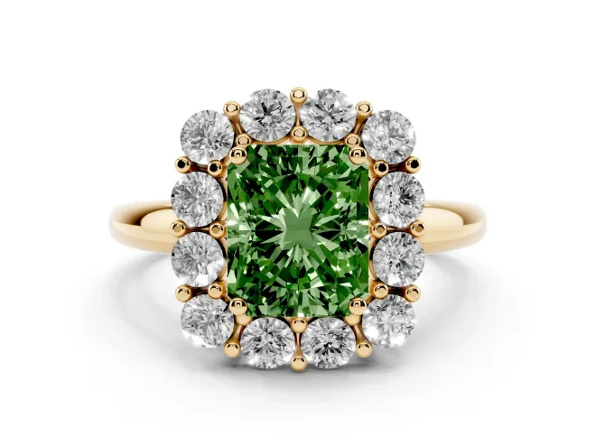 Radiant Cut Cluster Halo Engagement Ring Setting for a Fancy Green Lab-Grown Diamond | Large Round Accents | Yellow Gold