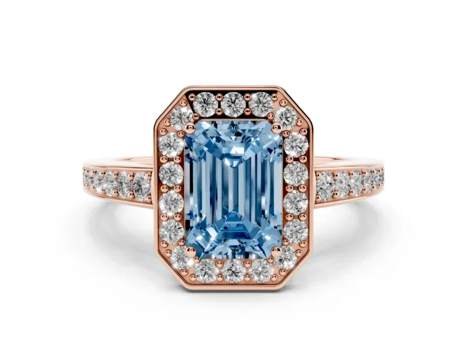 Emerald Cut Framed Halo Engagement Ring Setting for a Fancy Blue Lab-Grown Diamond | Rose Gold
