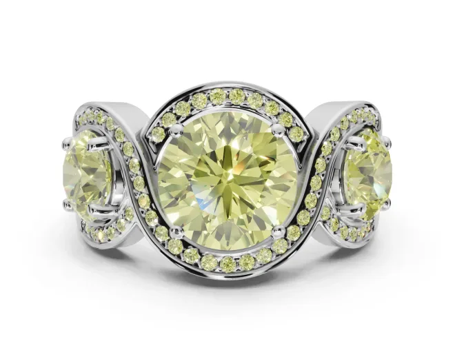 Round Three Stone Halo Engagement Ring Setting for a Fancy Yellow Lab-Grown Diamond | Pavé Wave Band | Platinum