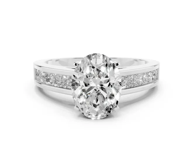 Oval Cut Diamond Solitaire Ring Set in Silver with Channel-Set Band and Prong Setting