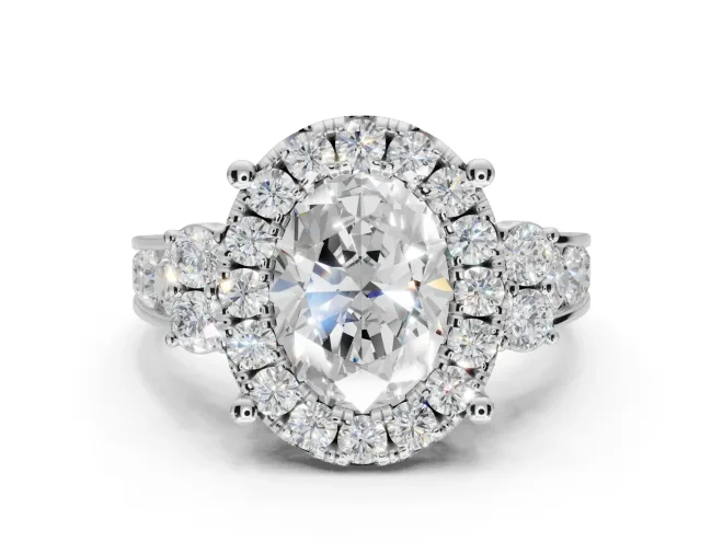 Oval Halo Side Cluster Engagement Ring Setting | Graduated Channel Band | White Gold