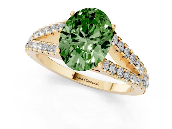 Fancy Green Oval Cut Diamond Split Shank Pavé Engagement Ring Set in Yellow gold with Prong-Held Center Stone – second view