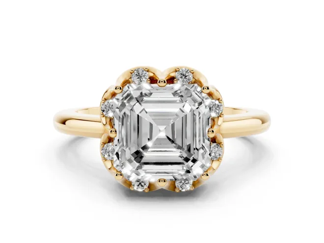 Asscher Cut Diamond Round Cluster Halo Ring Set in Yellow gold with Solitaire Band and Prong Setting