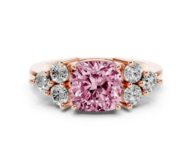 Fancy Pink Cushion Cut Diamond Solitaire Ring Set in Rose gold with Cluster Accents on Each Side