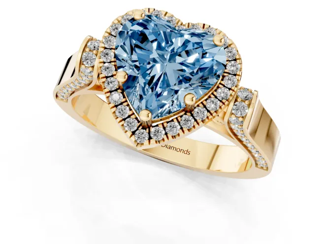 Fancy Blue Heart Cut Diamond Halo Ring Set in Yellow gold with Twist Band and Pavé Accents – second view
