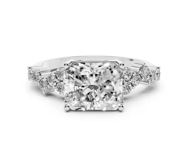 Radiant Cut Diamond Ring Set in Platinum with Scattered Round Accents