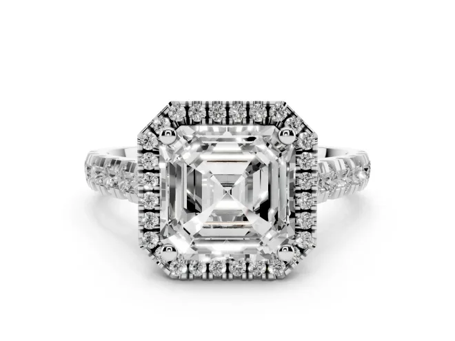 Asscher Cut Diamond Halo Engagement Ring Set in Silver with Pavé Band and Prong-Set Center