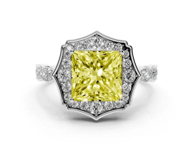 Fancy Yellow Princess Cut Diamond Halo Engagement Ring Set in Platinum with Milgrain Band and Prong Setting