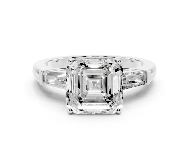 Asscher Cut Three Stone Engagement Ring Setting | Tapered Baguettes | White Gold