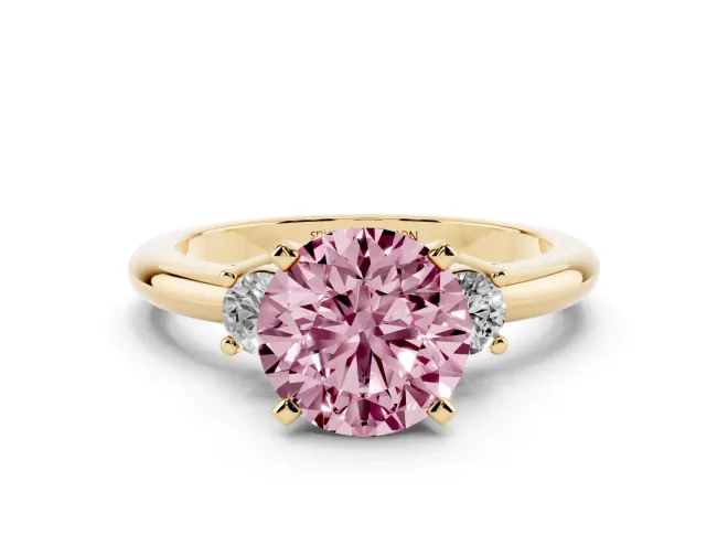 Round Three Stone Engagement Ring Setting for a Fancy Pink Lab-Grown Diamond | Round Side Stones | Yellow Gold