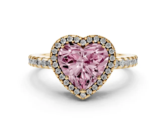 Fancy Pink Heart Cut Diamond Halo Ring Set in Yellow gold with Pavé Shoulders and Halo-Framed Center