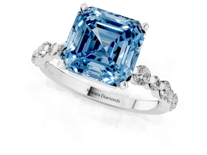 Fancy Blue Asscher Cut Diamond Prong Set Engagement Ring Set in Silver with Round Accent Pavé Band – second view