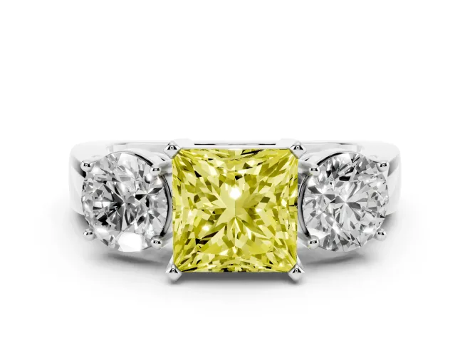 Fancy Yellow Princess Cut Diamond Three-Stone Ring Set in Platinum with Round Side Stones and Classic Band