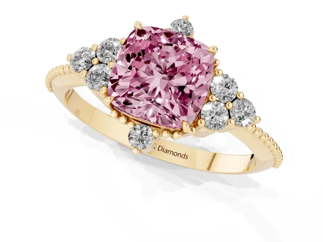 Fancy Pink Cushion Cut Diamond Cluster Ring Set in Yellow gold with Beaded Band – second view
