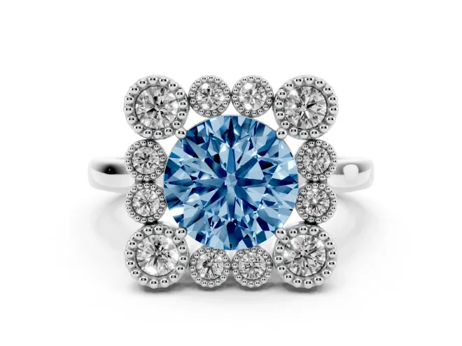 Round Milgrain Cluster Halo Engagement Ring Setting for a Fancy Blue Lab-Grown Diamond | Plain Band | White Gold