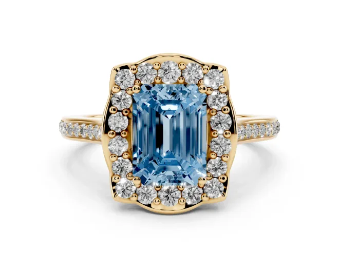 Emerald Cut Petal Tip Halo Engagement Ring Setting for a Fancy Blue Lab-Grown Diamond | Pavé Band | Yellow Gold