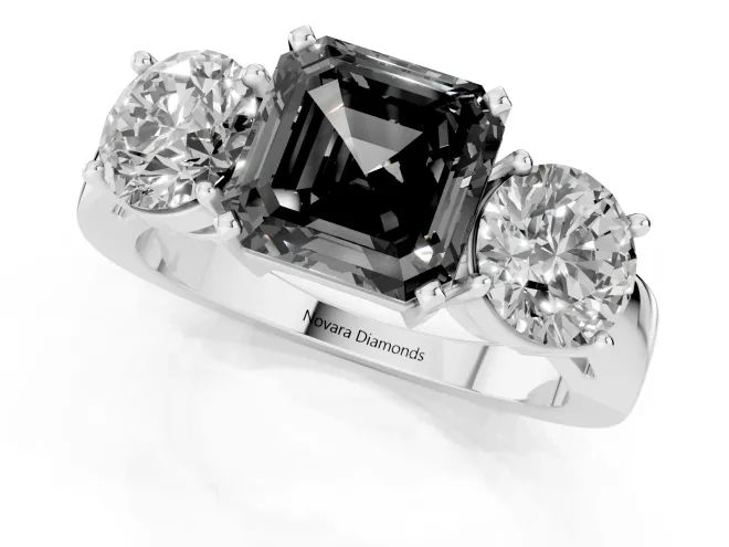 Fancy Black Asscher Cut Diamond Three-Stone Ring Set in Silver with Round Side Stones and Classic Band – second view