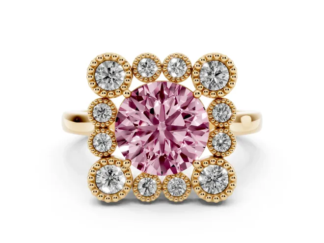 Round Milgrain Cluster Halo Engagement Ring Setting for a Fancy Pink Lab-Grown Diamond | Plain Band | Yellow Gold