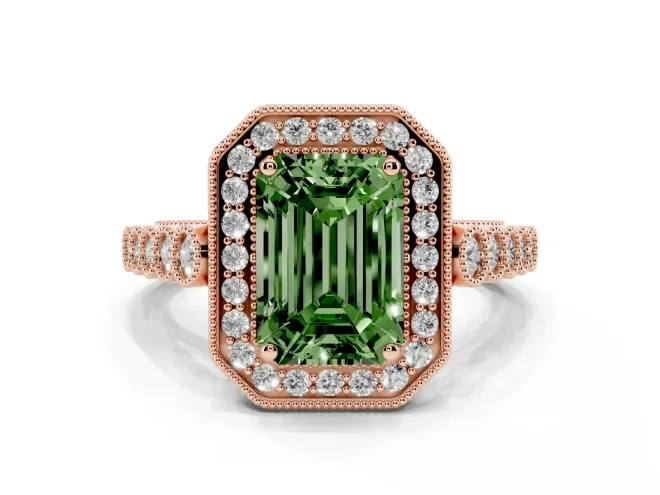 Emerald Cut Graduated Milgrain Halo Engagement Ring Setting for a Fancy Green Lab-Grown Diamond | Rose Gold