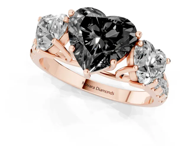 Fancy Black Heart Cut Diamond Three-Stone Ring Set in Rose gold with Pavé Band – second view