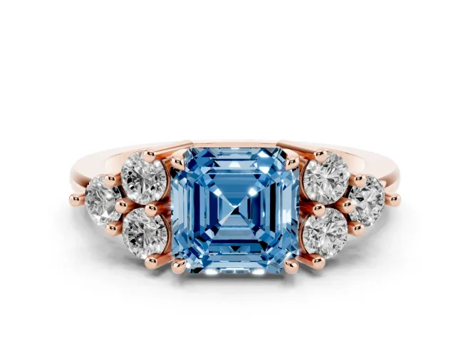 Asscher Cut Cluster Side Stone Engagement Ring Setting for a Fancy Blue Lab-Grown Diamond | Plain Band | Rose Gold