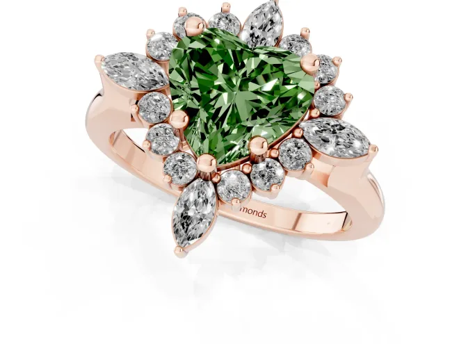Fancy Green Heart Cut Diamond Cluster Halo Ring Set in Rose gold with Marquise and Round Accents – second view