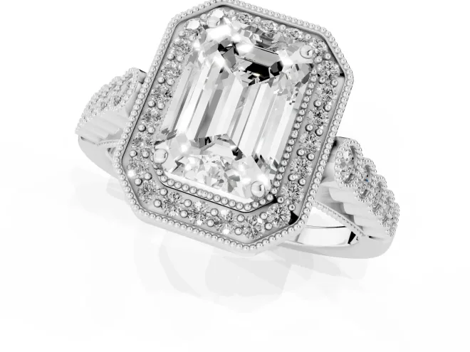 Emerald Cut Diamond Milgrain Halo Solitaire Ring Set in White gold with Bezel Set Side Stones and Pavé Band – second view