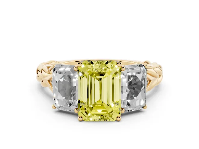 Emerald Cut Three Stone Engagement Ring Setting for a Fancy Yellow Lab-Grown Diamond | Braided Band | Yellow Gold