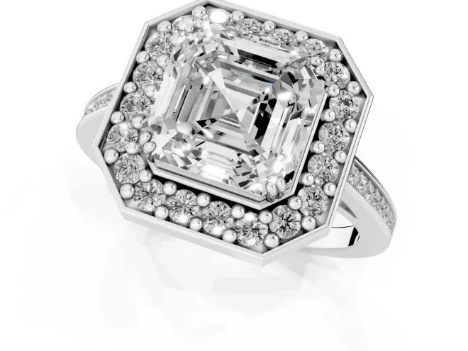 Asscher Cut Diamond Halo Ring Set in Silver with Accent-Lined Split Shank and Prong Setting – second view