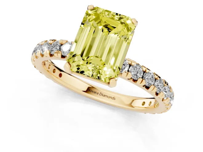 Fancy Yellow Emerald Cut Diamond Pavé Solitaire Ring Set in Yellow gold with Round Band and Prong Setting – second view