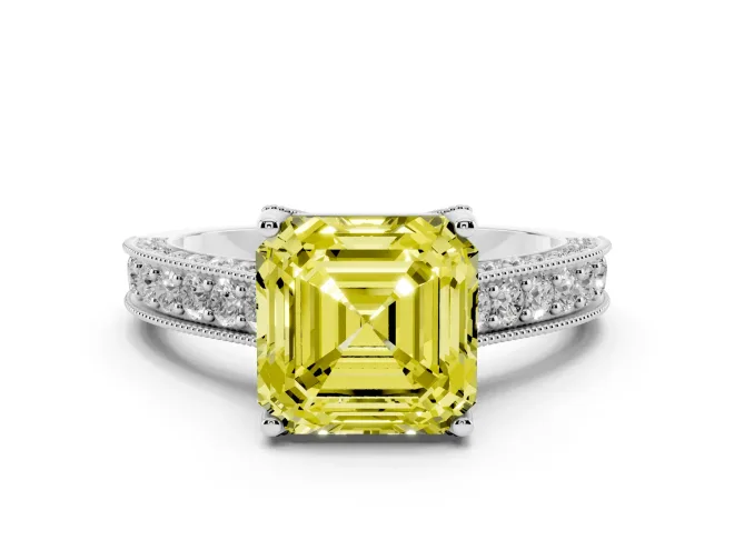 Asscher Cut Hidden Halo Engagement Ring Setting for a Fancy Yellow Lab-Grown Diamond | Milgrain Pavé | Platinum