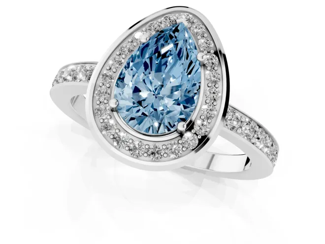 Fancy Blue Pear Cut Diamond Halo Ring Set in White gold with Bezel Frame and Pavé Band – second view
