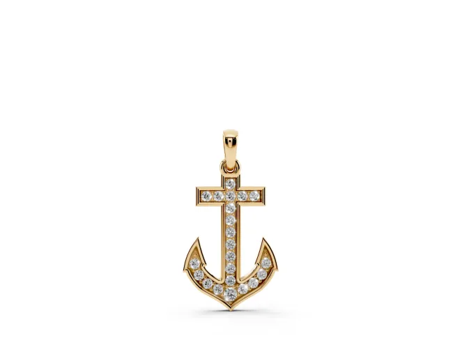 Round Lab-Grown Diamond Pavé Anchor Pendant Necklace | Pointed Flukes | Yellow Gold