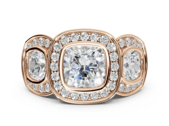Cushion Cut Three Stone Halo Engagement Ring Setting | Bezel Set | Rose Gold