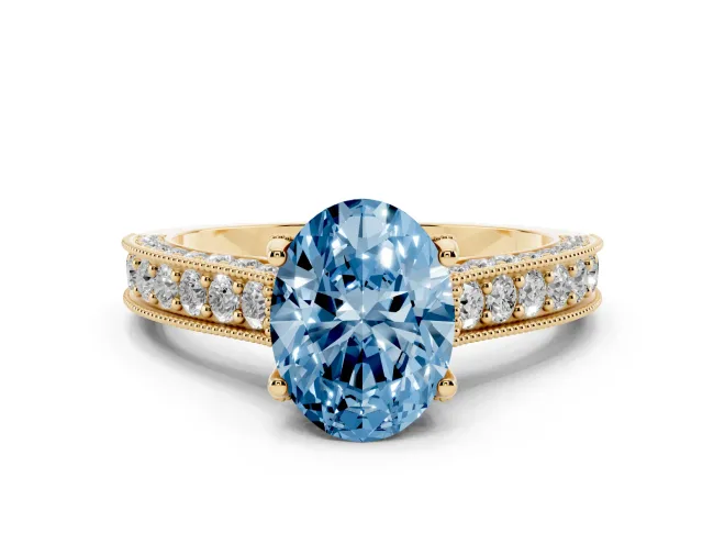 Oval Vintage Hidden Halo Engagement Ring Setting for a Fancy Blue Lab-Grown Diamond | Milgrain Pavé Band | Yellow Gold